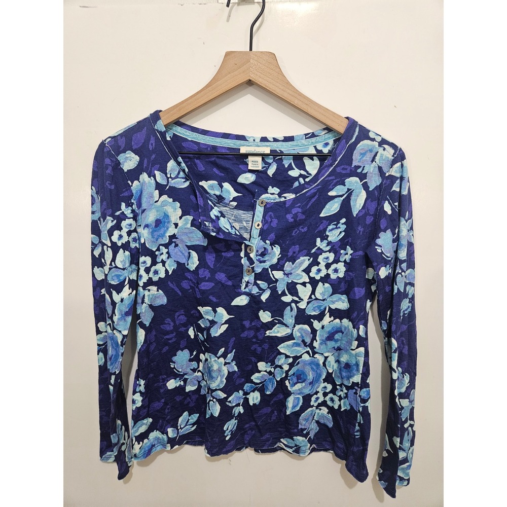 Sundance PXXS Blue Floral Henley Top 100% Cotton Long Sleeve Boho Cottagecore